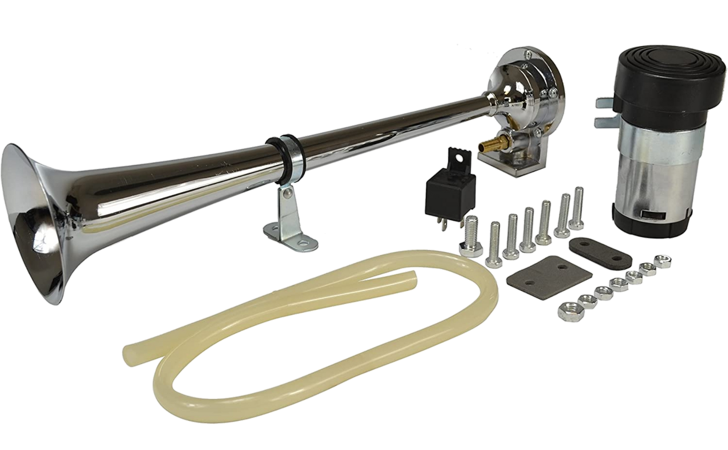 PRESSURE HORN BIG CHROME W/PRESSURE MOTOR 12V OEM New Holland - Loud Chrome Pressure Horn with Motor